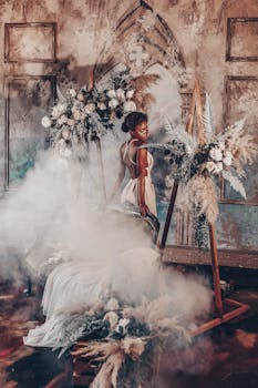 一名女子身穿优雅连衣裙，站在雾气缭绕的花卉主题室内场景中