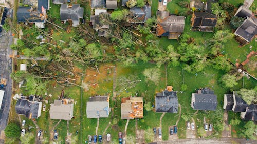 Free Small settlement cottages with destroyed roofs after hurricane Stock Photo