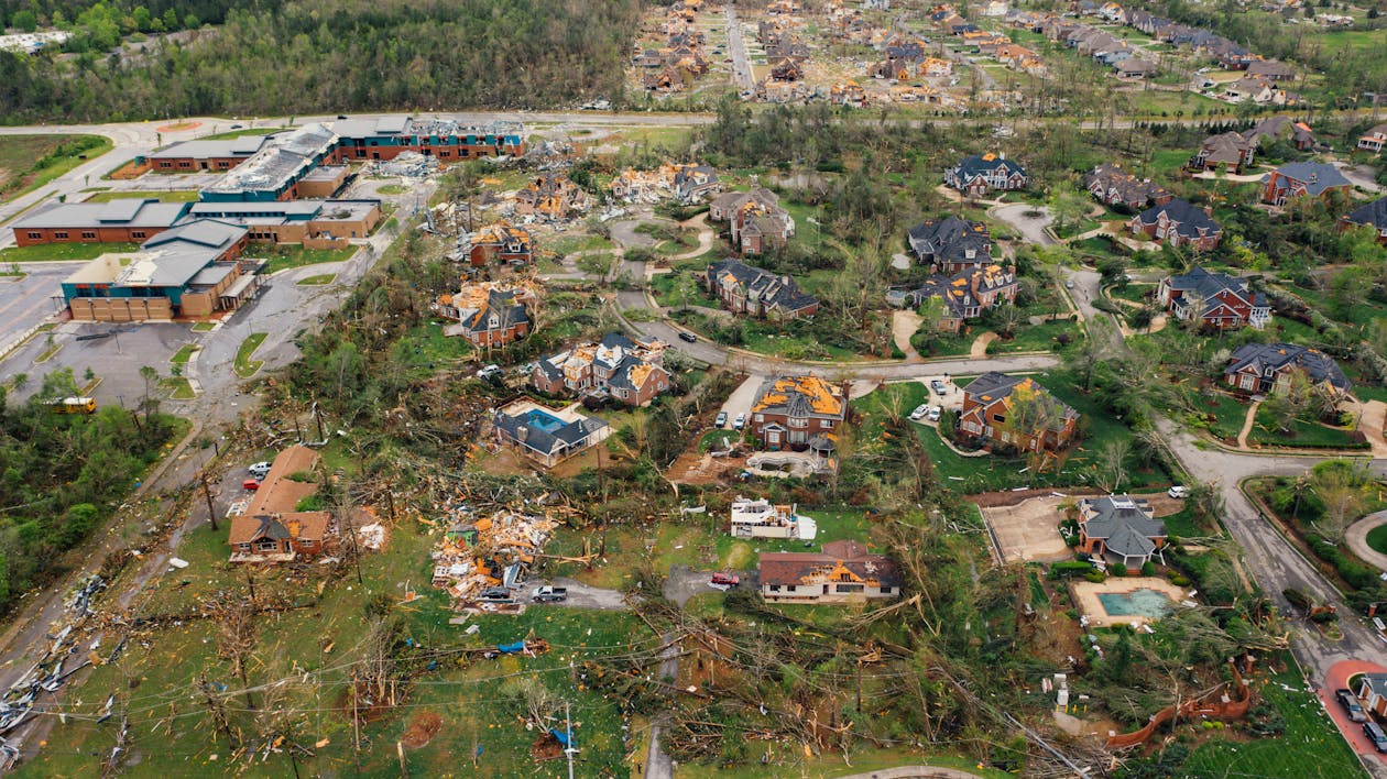 A neighborhood destroyed by a passing tornado in Arlington, Texas