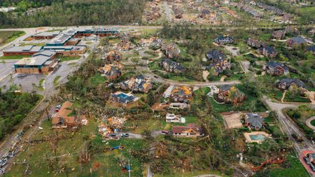 Aerial view of a flood-damaged neighborhood