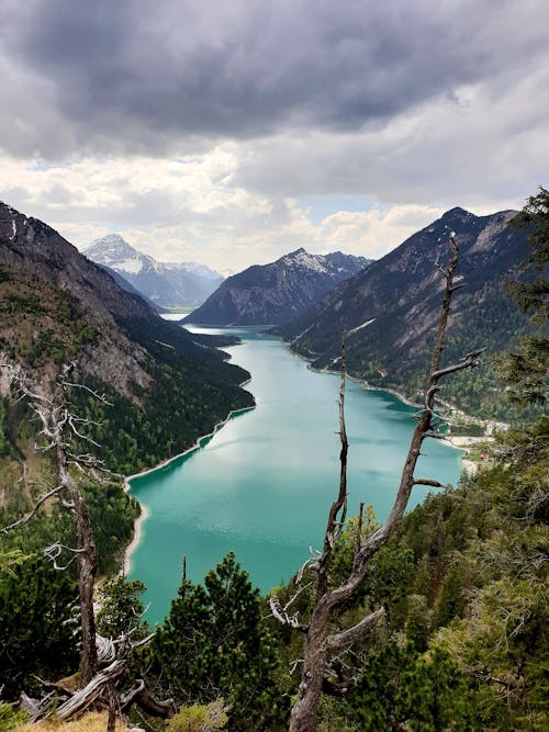 Breathtaking landscape of picturesque Lake Plansee surrounded by rocky mountains and lush foliage against cloudy sky in Tirol