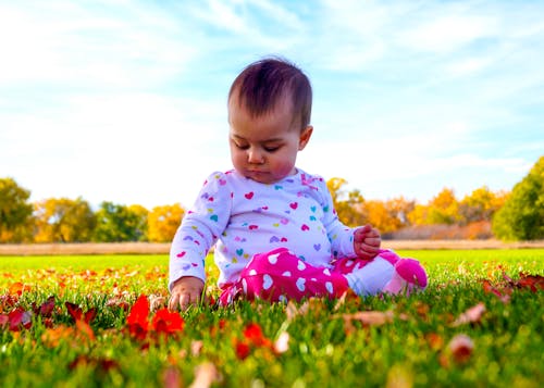 A Baby Sitting on the Grass Field