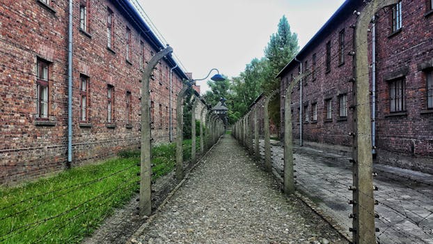 A historical view of the barbed wire fences and brick buildings at Auschwitz concentration camp.