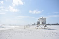 救生员塔在晴朗的天空下俯瞰宁静的海滩，非常适合夏季放松