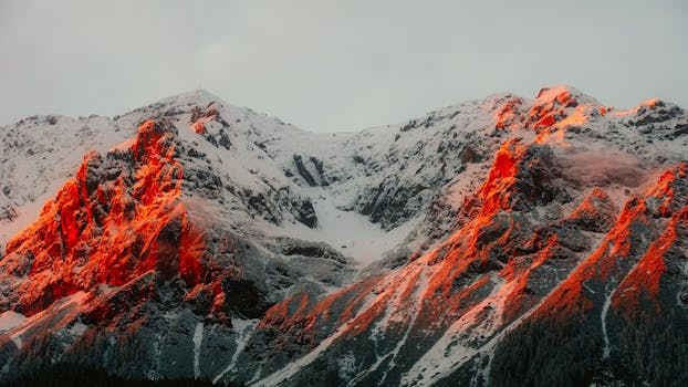 Sunlight casts a warm glow on a snowy mountain, creating a dramatic winter scene.