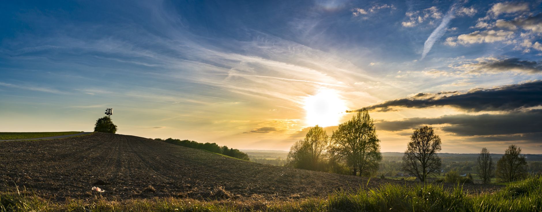 Scenic view of a tranquil countryside field with the sun setting over the horizon.