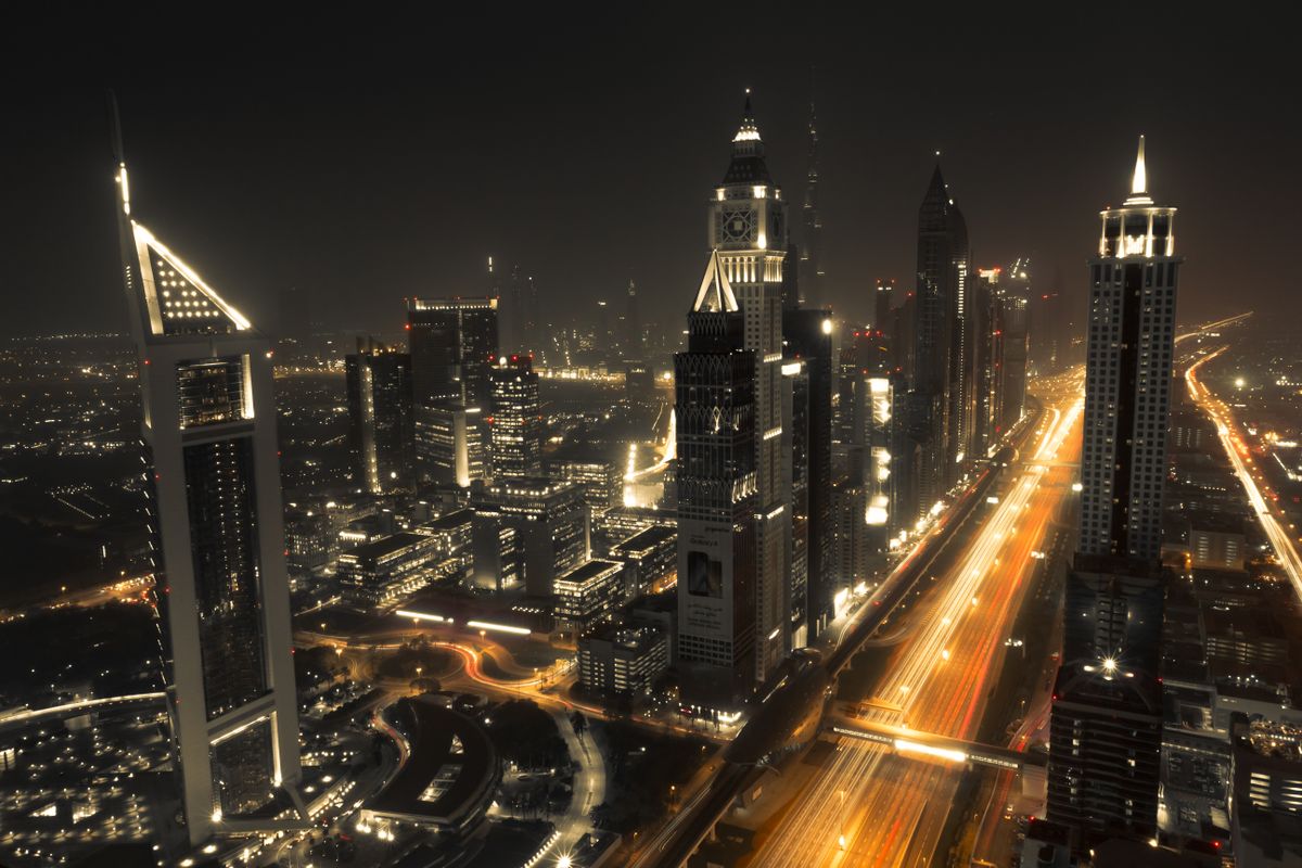 Dubai skyline lit up at night