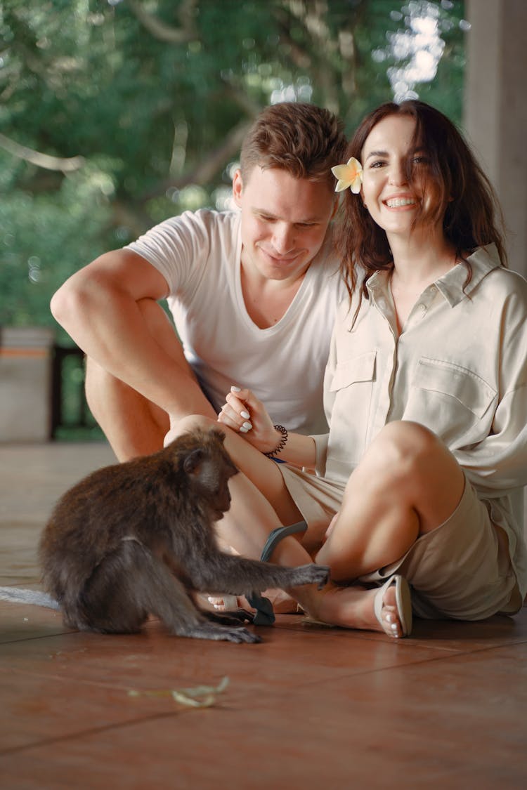 Happy Couple Playing With Monkey On Floor