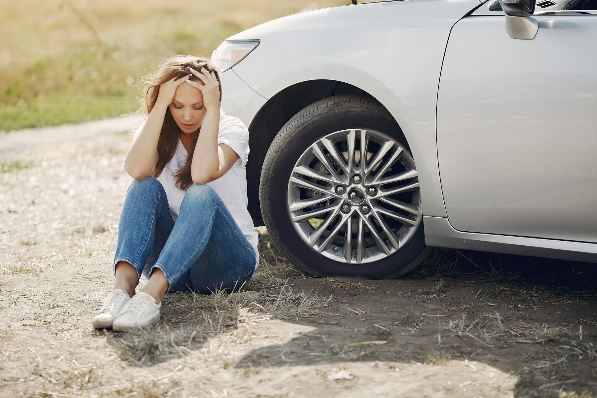 Frustrated female driver in white t shirt and jeans sitting on ground near damaged car with hands on head during car travel in sunny summer day