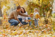 Cheerful adult parents sitting on ground with fallen leaves in autumn park near adorable little girl with bouquets of yellow maple leaves