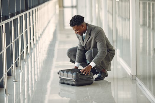 Confident businessman organizing suitcase in a bright airport corridor, ready for his business journey.