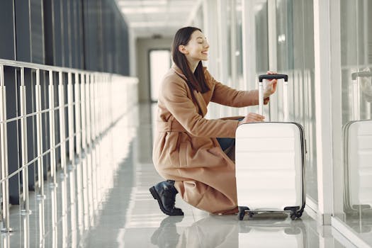 Smiling woman with suitcase sitting in a modern airport corridor.
