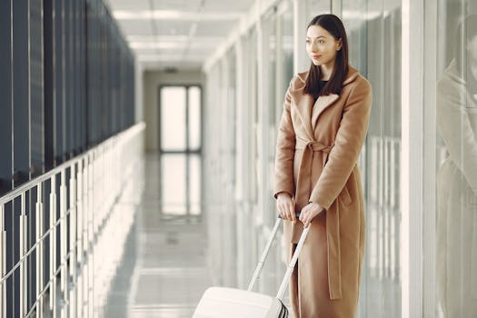Elegant woman in a beige coat with luggage in a contemporary airport corridor.