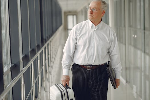 Serious senior male in formal clothes walking along airport corridor with baggage and laptop while looking away through window