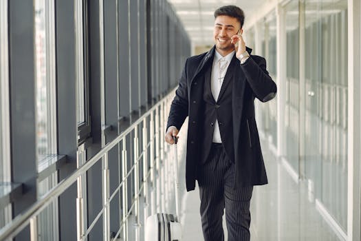 Happy ethnic male in formal suit standing in modern hallway while holding suitcase in hand and talking on mobile phone