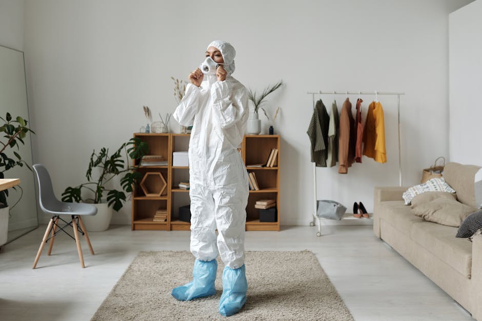 What HEPA Data Reveals About Allergy Air Purifiers Woman in protective suit wearing face mask indoors with modern interior design.