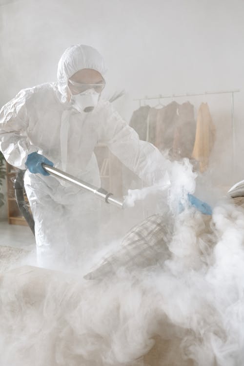 A Woman in a Protective Suit Fumigating