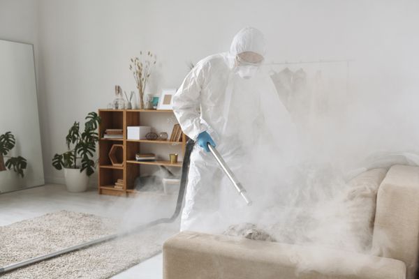 Professional steam cleaning a cream sofa
