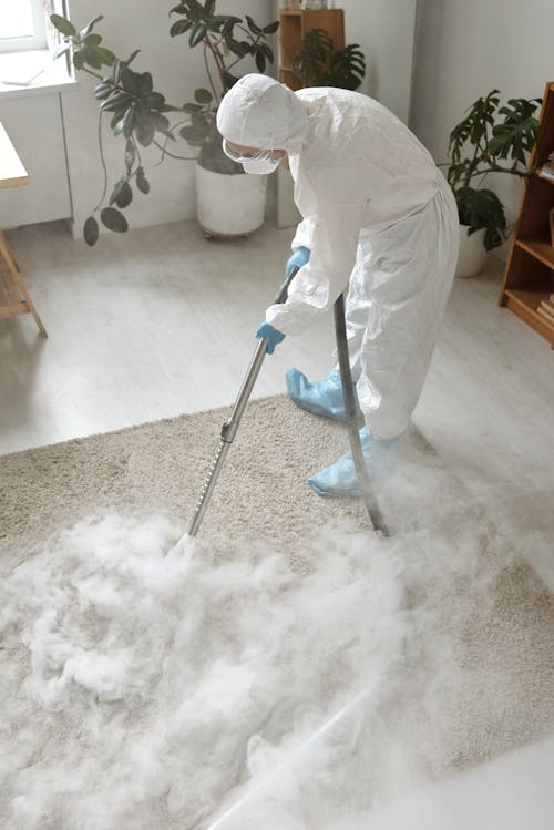 A Person Disinfecting a Carpet 
