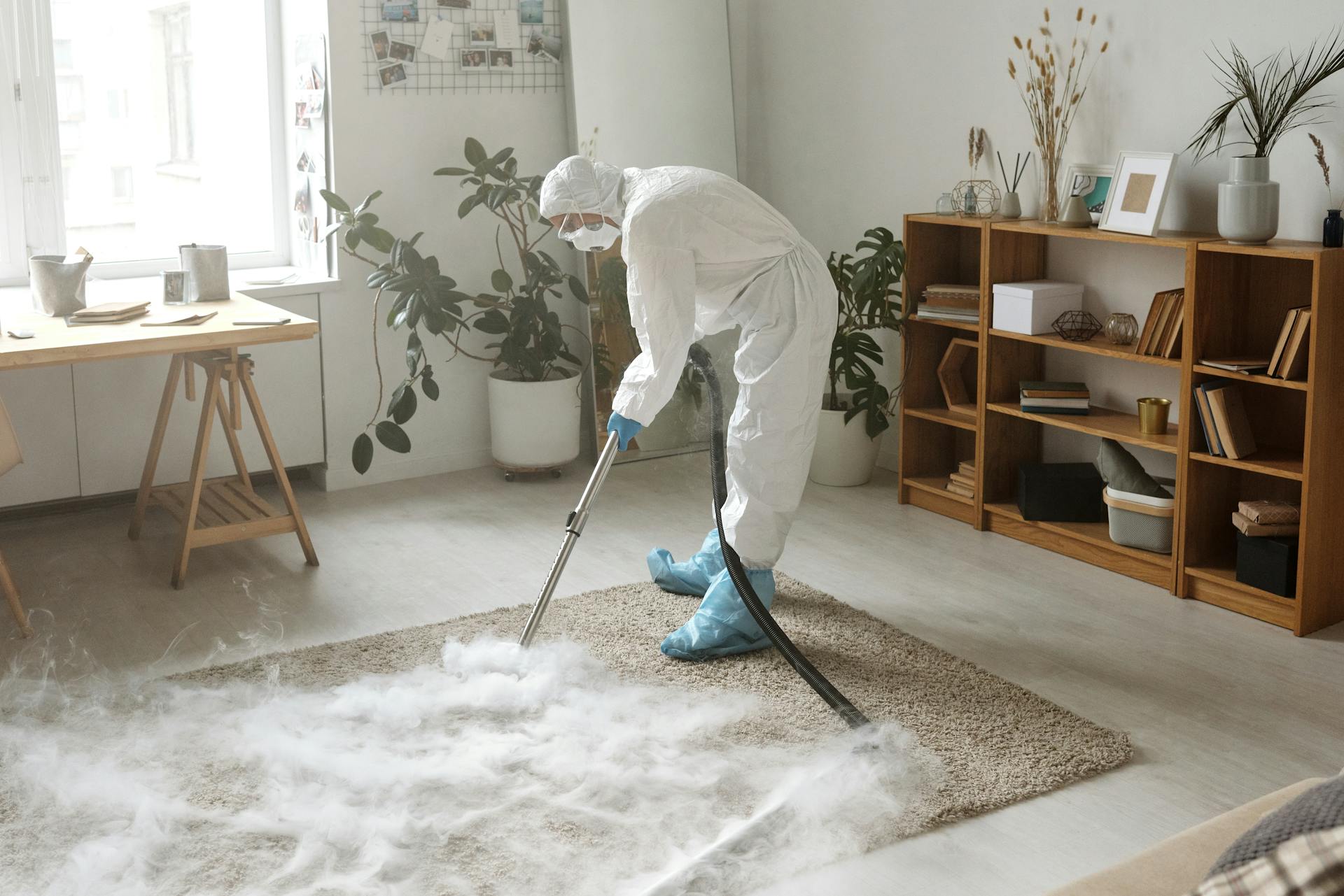 A Woman Fumigating a Carpet