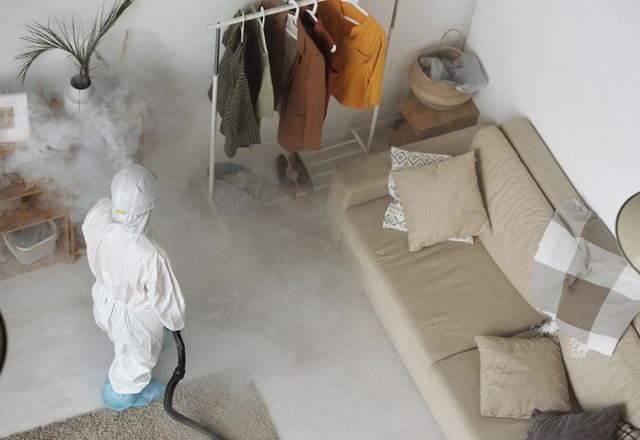 Technician in protective gear treating a living room