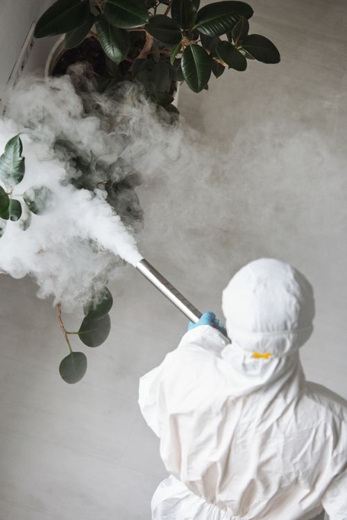 Technician in protective gear treating indoors