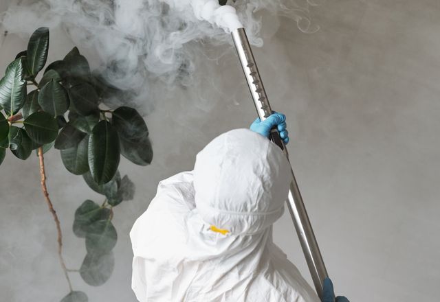 Worker in protective gear spraying indoors