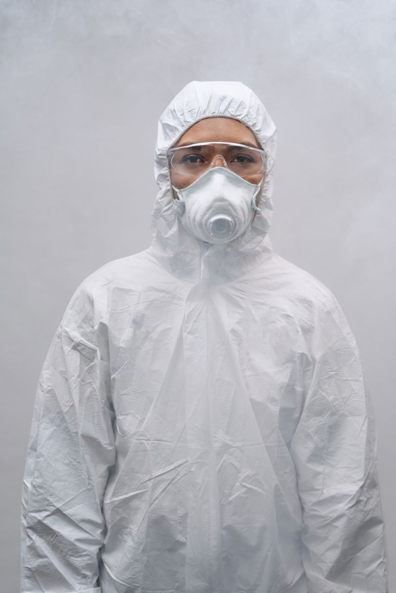 Technician in a full protective mold remediation suit, respirator, and goggles