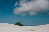 宁静的沙漠场景中，沙丘、蓝天和蓬松的云层共同营造出宁静的氛围