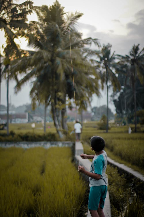 Free Side view faceless carefree ethnic boy in casual wear standing on stone fence in tropical park and playing with kite or balloon on cord Stock Photo