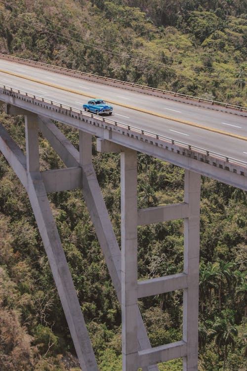 Blue Car on Gray Concrete Bridge