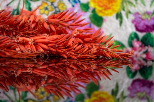 Close-up of orange flowers reflected on colorful floral surface, creating vivid contrast.