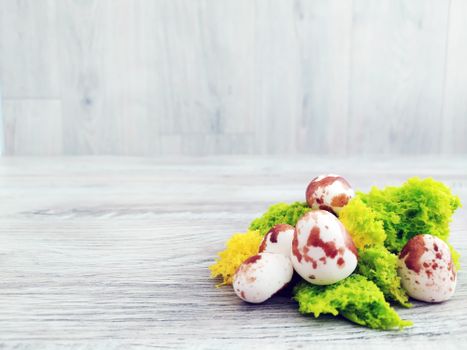 Vibrant Easter eggs resting on colorful moss against a wooden background.