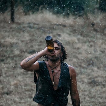 Young man with tattoos drinks from a bottle in the rain, showcasing a raw, moody outdoor scene.