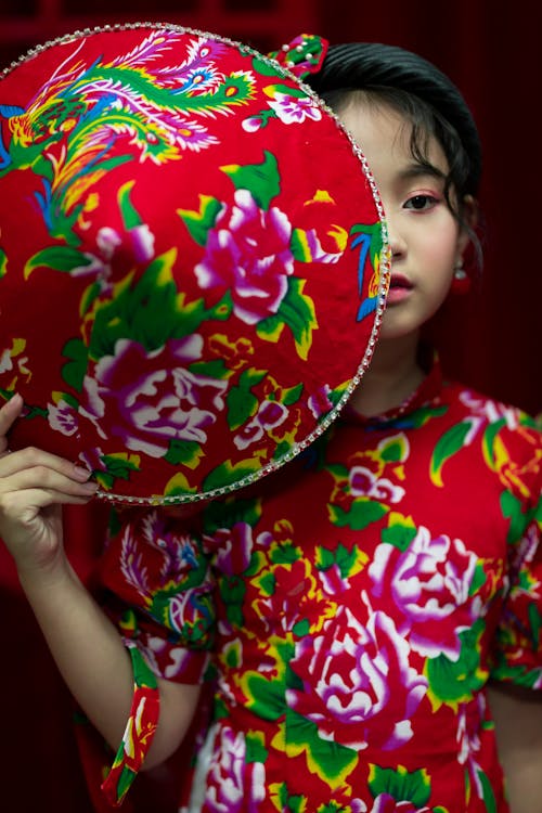 Free Stylish Asian girl in colorful traditional apparel with decor covering half face with hat while looking at camera Stock Photo