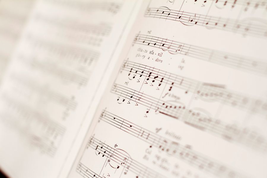 Violin beside sheet music with musical notes