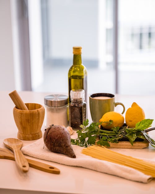 Pasta Ingredients over a Table Cloth