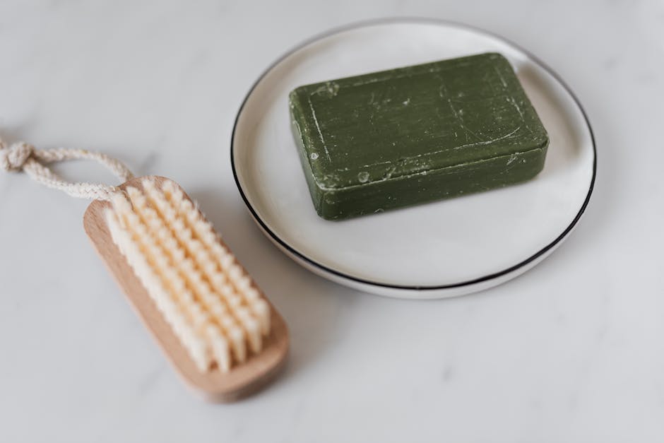 Green soap bar with wooden brush