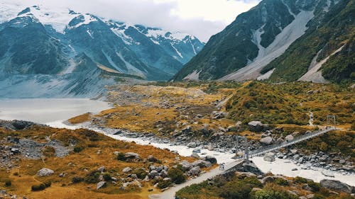 Campo Di Erba Verde E Marrone Vicino Al Lago E Alle Montagne