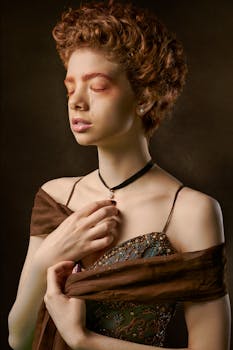 Young unhappy female in Renaissance style apparel with necklace touching chest while standing with closed eyes