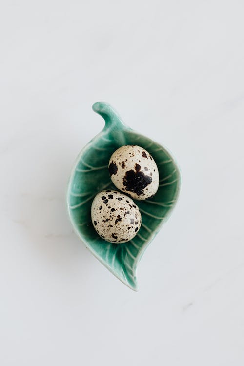 Quail eggs in beautiful green ceramic bowl on white table