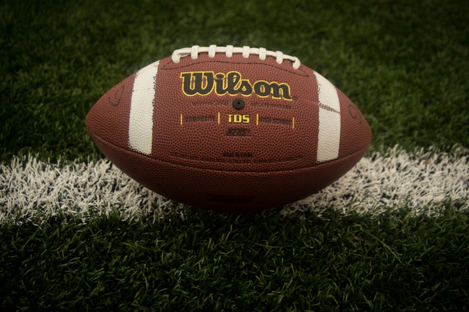 This picture shows an american football manufactured by Wilson lying on a football field. The football has the typical brown and redish color with some white lines painted on it and white laces on the top.