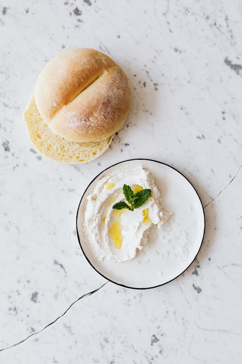 Delicious breakfast with cottage cheese and slice of bread