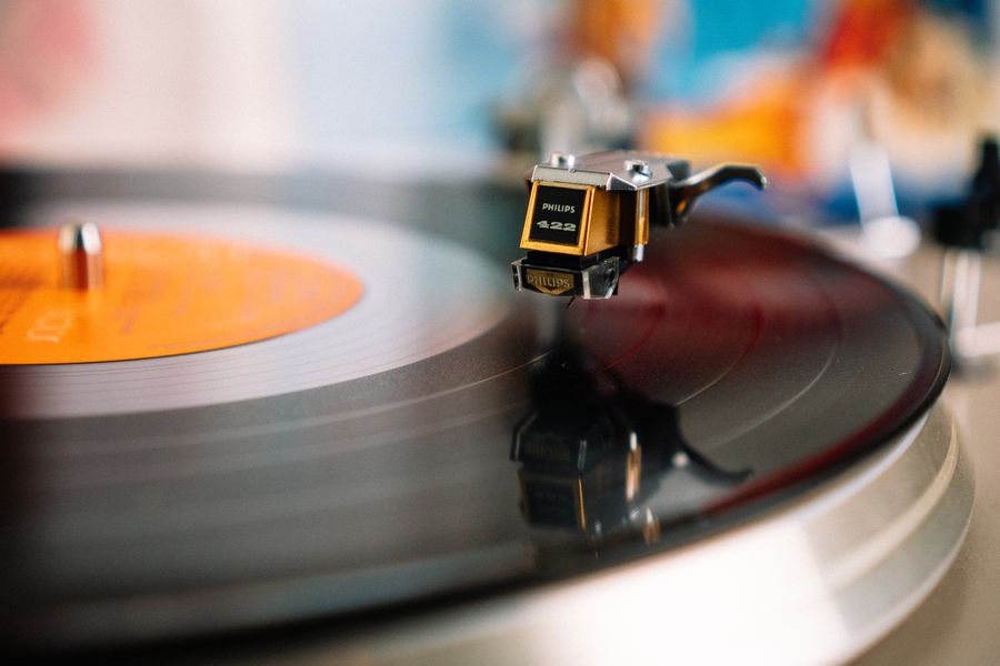 Close-up of a turntable needle on a vinyl record