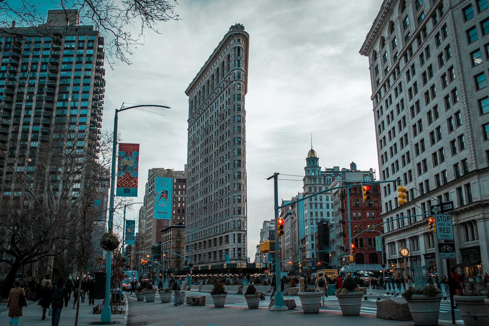 Buildings and People on City Street near Flatiron Building, New York City, New York, USA