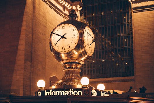 Close-up of the iconic clock above the information booth at Grand Central Terminal, New York City.