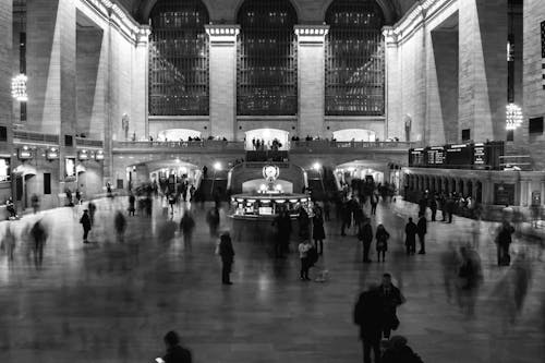 Foto d'estoc gratuïta de blanc i negre, escala de grisos, estació principal de ferrocarril