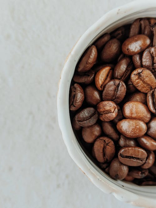 Brown Coffee Beans in White Ceramic Cup