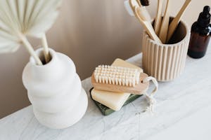 Set of natural toiletries on marble tabletop