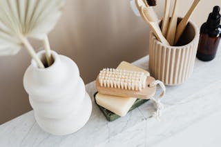 Set of natural toiletries on marble tabletop